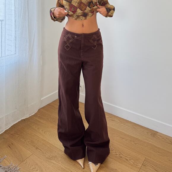 Vintage Italian chocolate brown wide-leg trousers with embroidered details (S/M) - Picture 1 of 10
